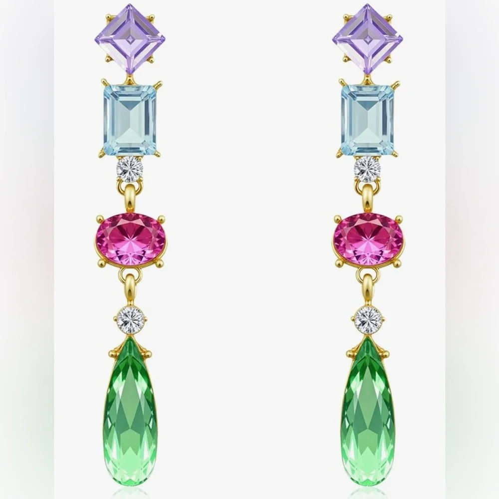 Cute Nordstrom 18KT Gold dip Multi Gemstone long dangle Earrings - Picture 1 of 3